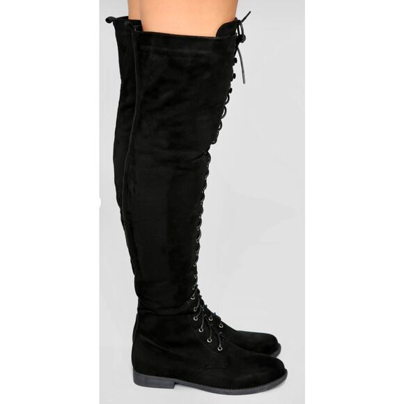 Tall Talk Flat Lace Up Over the Knee Boot - Black 10 - Picture 3 of 16